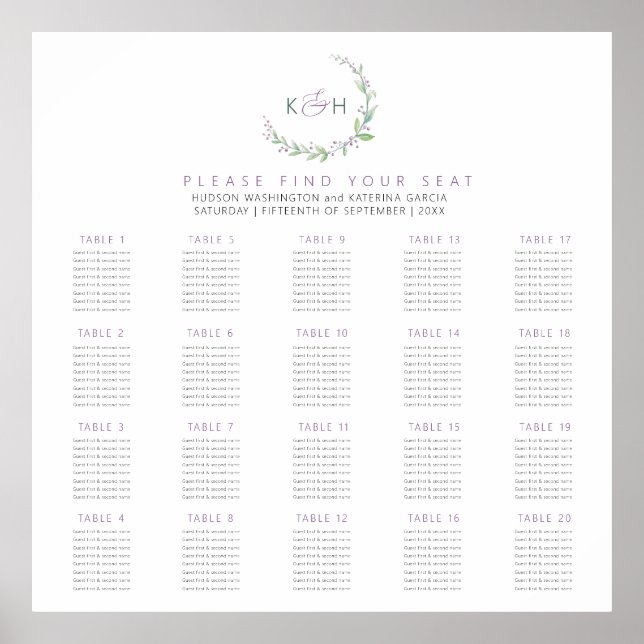 Poster Feuilles verts de baies pourpres 20 tables mariage (Devant)