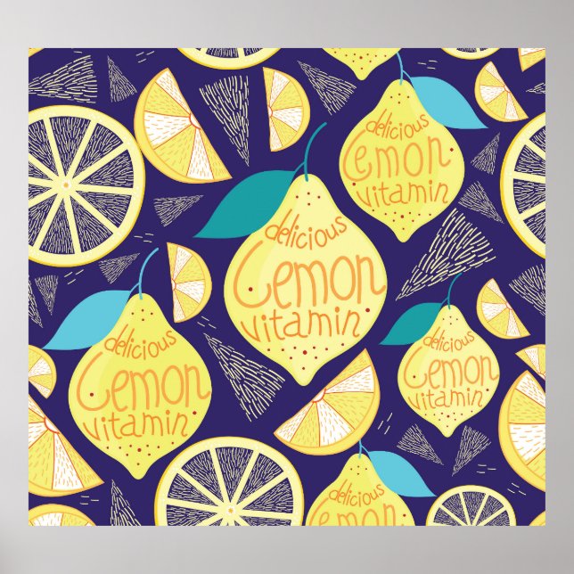 Poster Feux de citrons : bleu foncé Motif brillant (Devant)