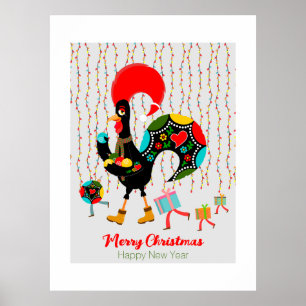 Poster Feux de Noël, baubles, cadeaux et coq