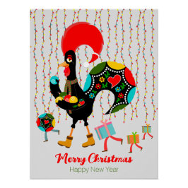Poster Feux de Noël, baubles, cadeaux et coq