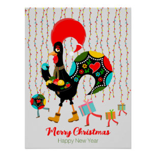 Poster Feux de Noël, baubles, cadeaux et coq