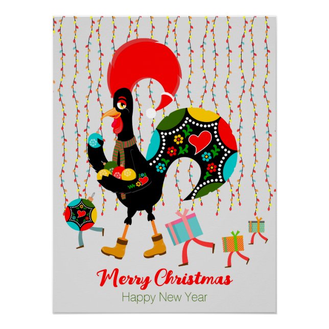Poster Feux de Noël, baubles, cadeaux et coq (Devant)