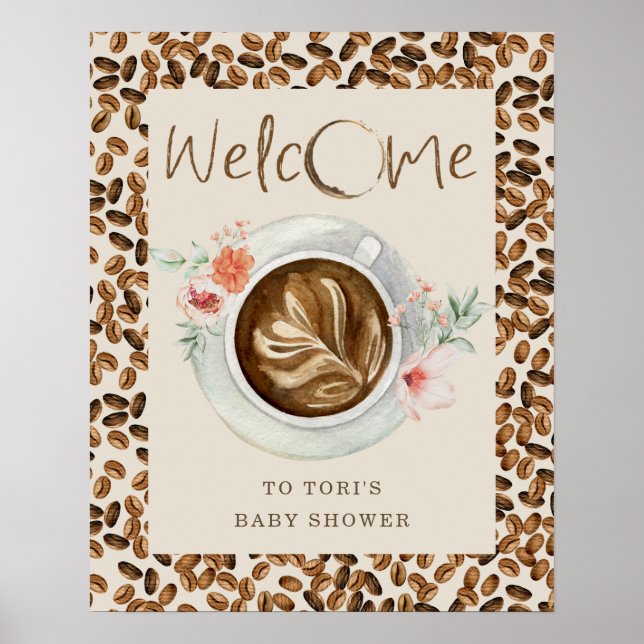 Poster Fèves de café Baby shower Floral Bienvenue (Devant)