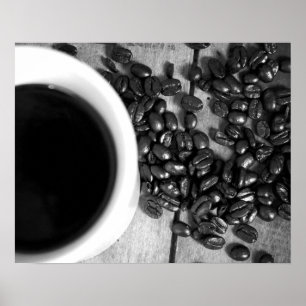 Poster Fèves de café noir et blanc et une coupe de café 1