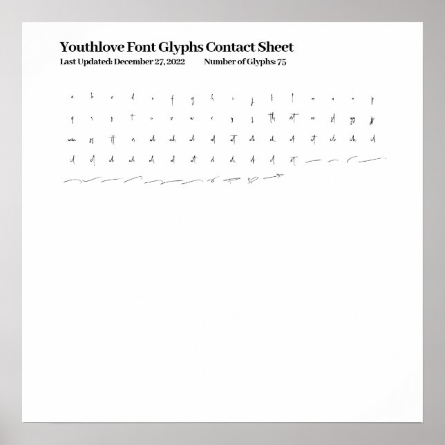 Poster Fiche de contact des glyphes de police Youthlove (Devant)