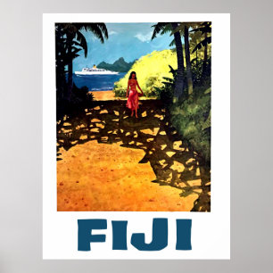Poster Fidji, femme sur la côte tropicale et bateau de to