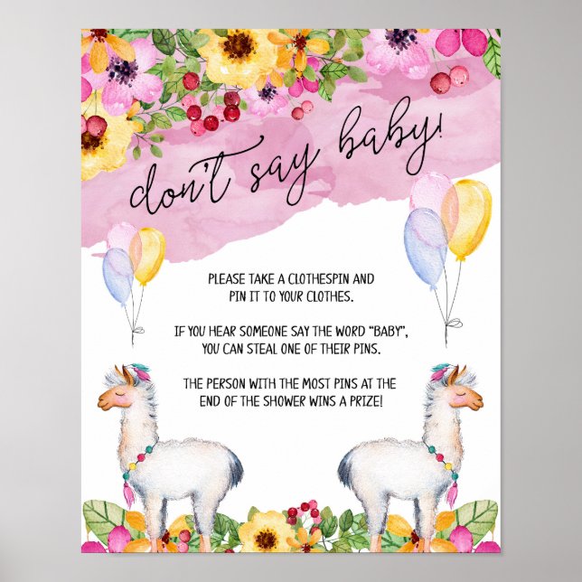 Poster Fiesta Llama ne pas dire Baby shower jeu (Devant)