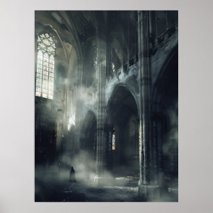 Poster Figure encapuchonnée Cathédrale gothique abandonné
