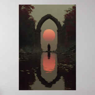 Poster Figure encapuchonnée sous un soleil de sang dans u