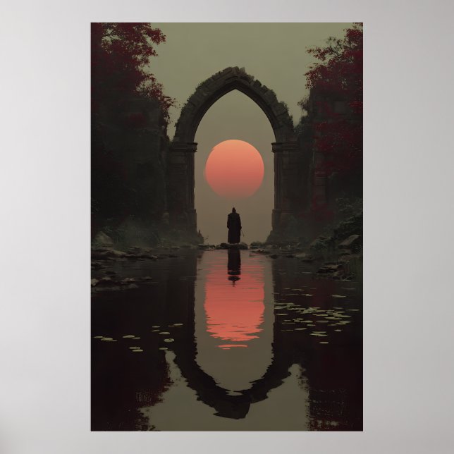 Poster Figure encapuchonnée sous un soleil de sang dans u (Devant)