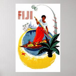 Poster Fiji island, man on a small boat
