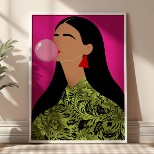 Poster Fille à la bulle de chewing-gum rose Illustration