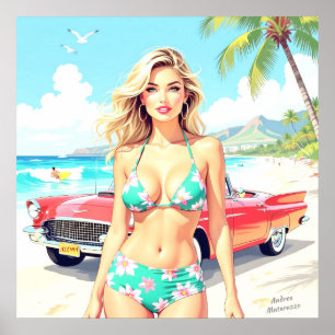 Poster Fille à la plage avec une voiture classique