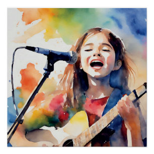 Poster Fille à l'aquarelle chantant et jouant de la guita