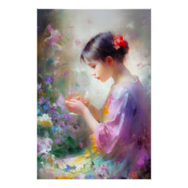 Poster Fille admirant une fleur dans ses mains 
