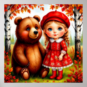 Poster Fille adorable et ours dans une forêt fantaisiste