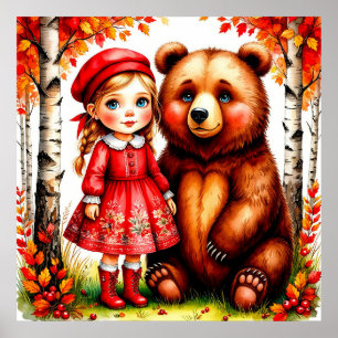 Poster Fille adorable et ours dans une forêt fantaisiste