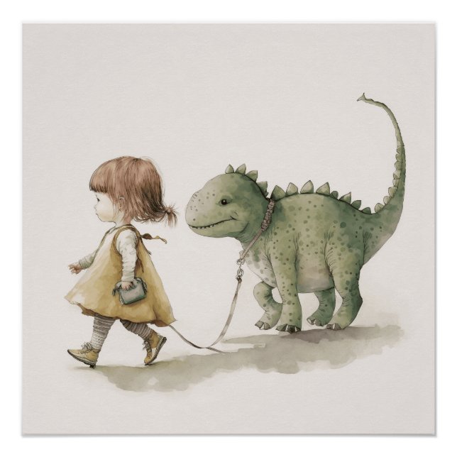 Poster Fille adorable marchant décoration murale de dinos (Devant)