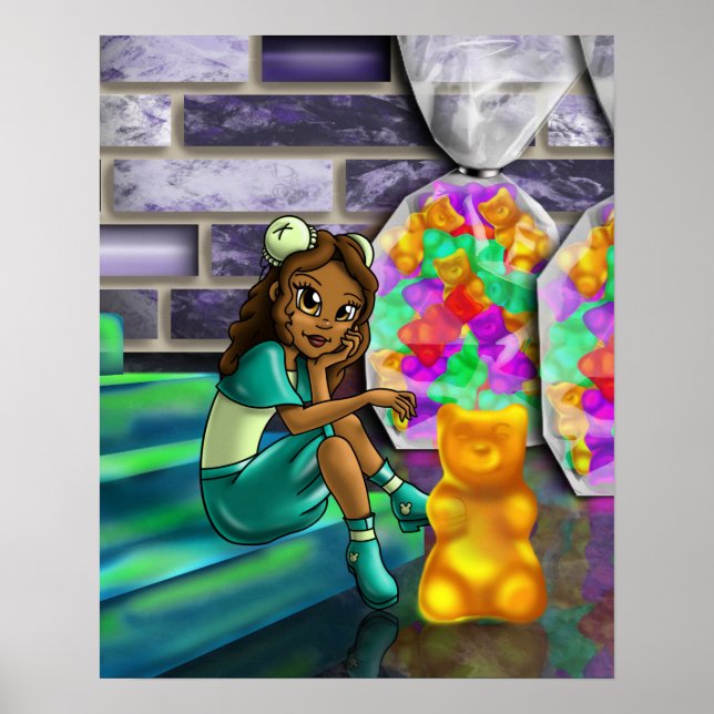 Poster Fille afro-américaine et ours gommeux (Devant)