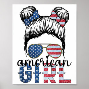 Poster Fille Américaine 4 Juillet Messy Bun Drapeau Usa A