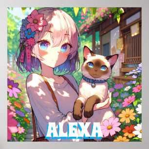 Poster Fille Anime et Chat Siamois Personnalisés