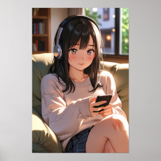 Poster Fille Anime Lofi Confortable Casque Ambiance Déten