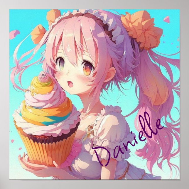 Poster Fille Anime personnalisée avec cupcake Whimsical (Devant)