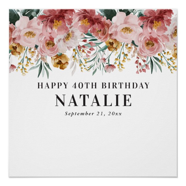 Poster Fille aquarelle florale éditable âge anniversaire (Devant)