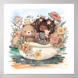 Poster Fille Aquarelle mignonne Avec Besties