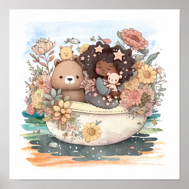 Poster Fille Aquarelle mignonne Avec Besties (Devant)