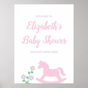 Poster Fille au cheval à bascule rose Baby Shower