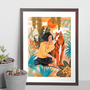 Poster Fille au coucher de soleil de la jungle au tigre