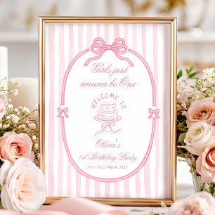 Poster Fille au nœud rose Bienvenue pour son 1er annivers