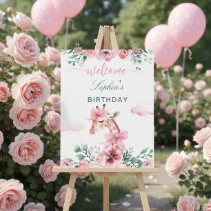 Poster Fille au ruban rose floral aquarelle girafe