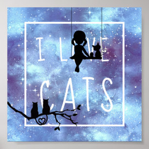 Poster Fille aux chats Galaxie Bleue Aquarelle Silhouette