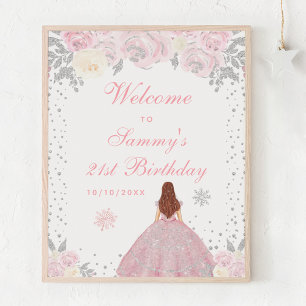 Poster Fille aux cheveux brun rose Joyeux anniversaire