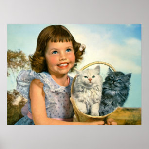 Poster Fille avec chatons