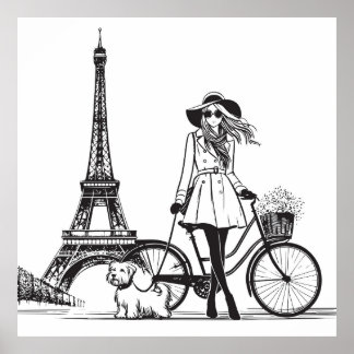 Poster Fille avec chien à Paris près de la tour Eiffel