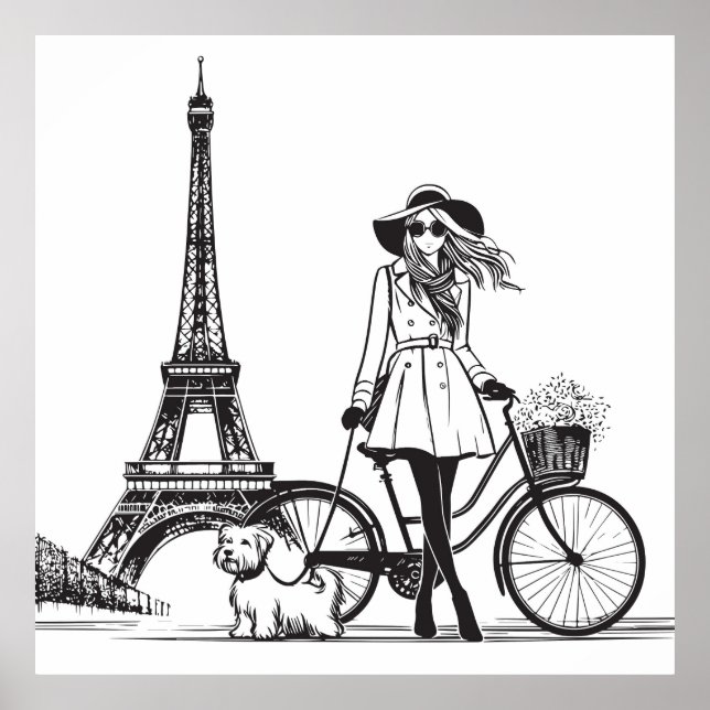 Poster Fille avec chien à Paris près de la tour Eiffel (Devant)