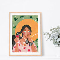 Fille avec lunettes de soleil chapeau d'été fond f