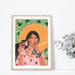 Poster Fille avec lunettes de soleil chapeau d'été fond f