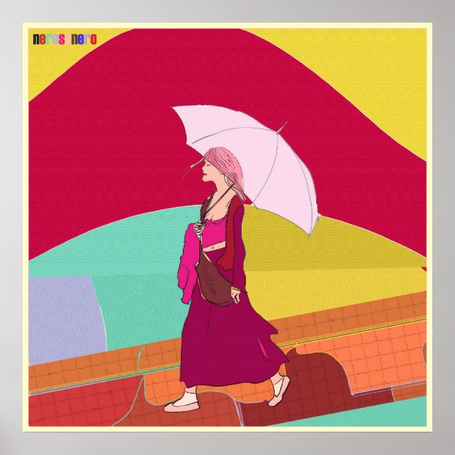 Poster Fille avec parapluie rose (Devant)
