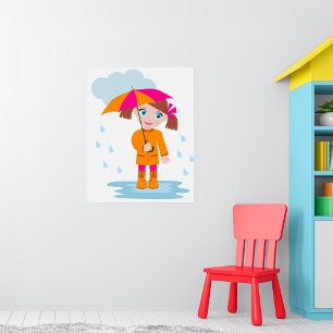 Poster Fille avec parapluie sous la pluie Enfants Jour de