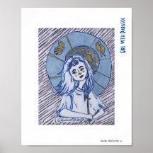 Fille avec Parasol, portrait d'encre bleue sur pap