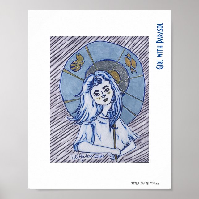 Poster Fille avec Parasol, portrait d'encre bleue sur pap (Devant)