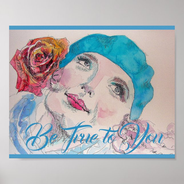 Poster Fille avec Rose rouge Beret Aquarelle (Devant)
