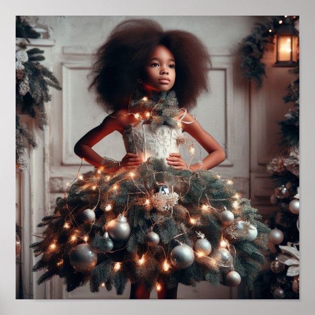 Poster Fille avec une robe d'arbre de Noël (Devant)