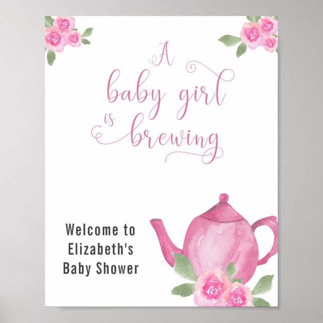 Poster Fille Baby shower Teapot rose et Fleurs Bienvenue (Devant)