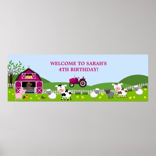 Poster Fille Barnyard Farm Animaux Anniversaire Bannière (Devant)