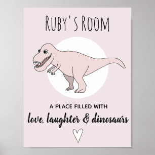 Poster Fille Bébé Doodle Dinosaure Rose T-Rex Prénom Nurs